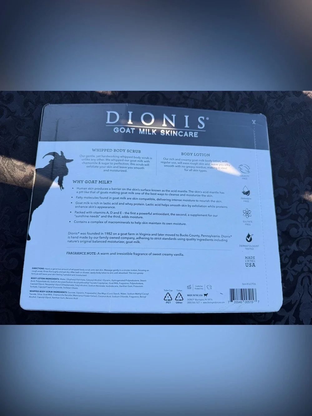 NEW Dionis Goat Milk Bath & Body Gift Set Vanilla Bean 3 Pc Whipped Scrub Lotion